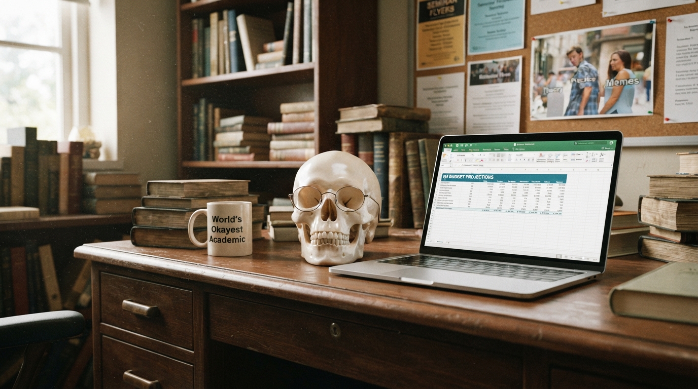 A humorous academic still life in a professor's office, featuring a human skull wearing glasses resting on a desk next to a laptop and a printed meme.