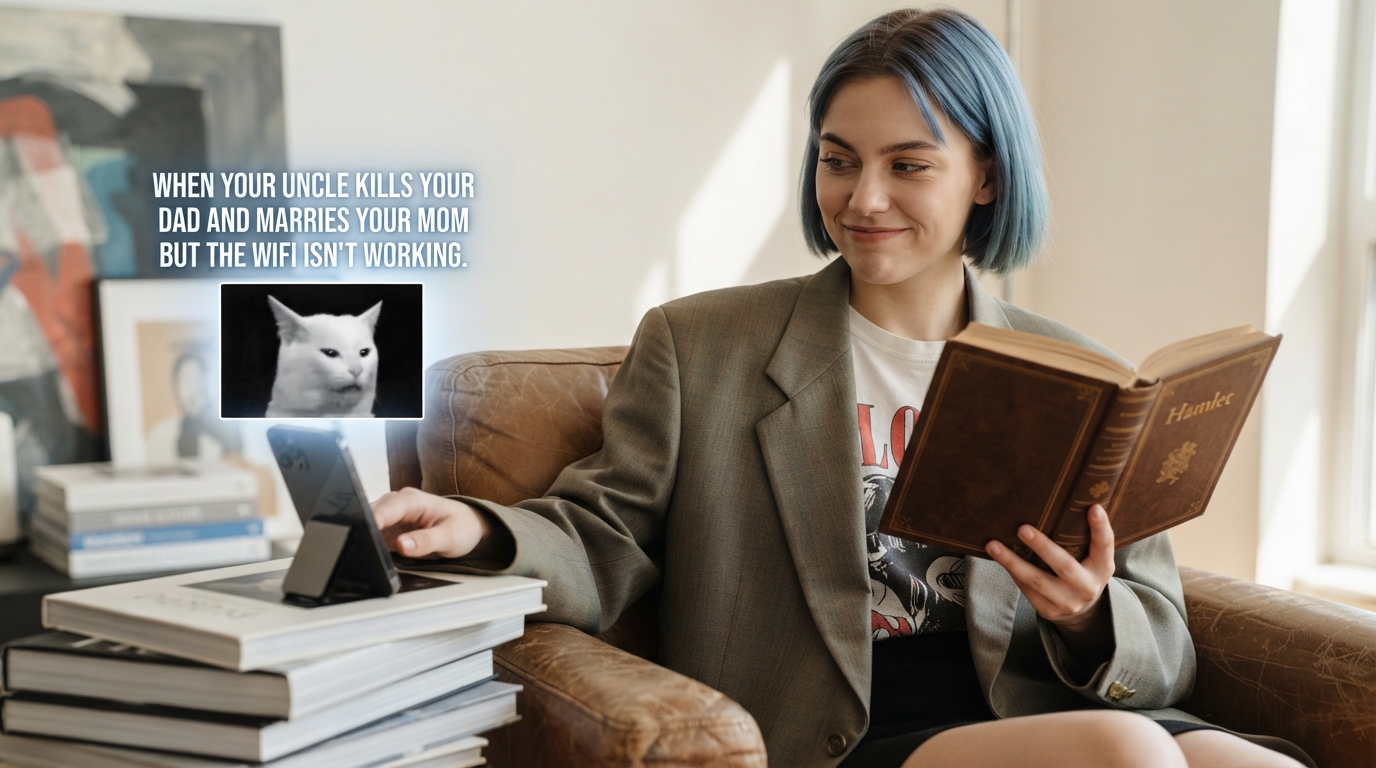 A stylish modern reader holds a classic 'Hamlet' book while looking amusedly at a relatable Shakespeare meme displayed on her smartphone.
