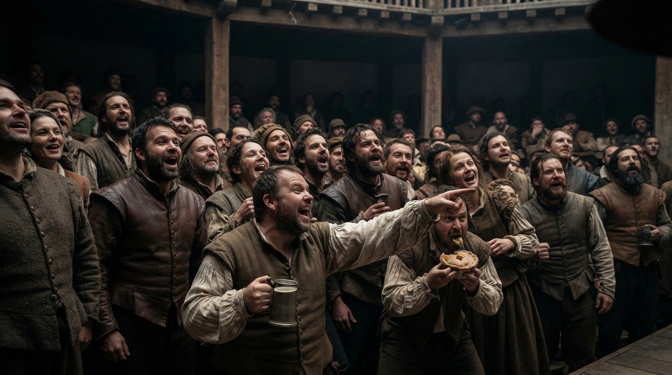 A crowded, boisterous Elizabethan theatre audience of 'groundlings' interacting rowdily during a Shakespeare play at The Globe.