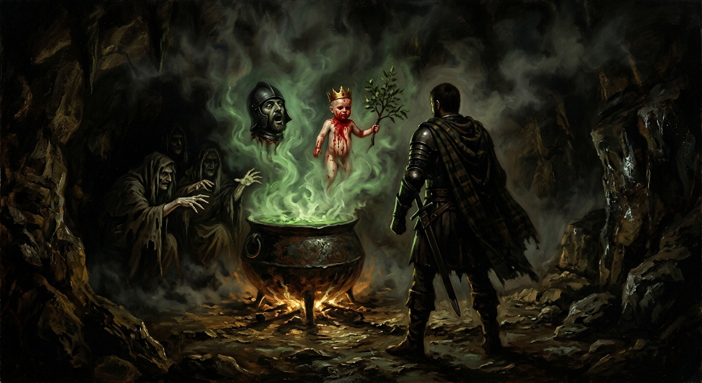 Macbeth confronts the three apparitions rising from the witches' cauldron.