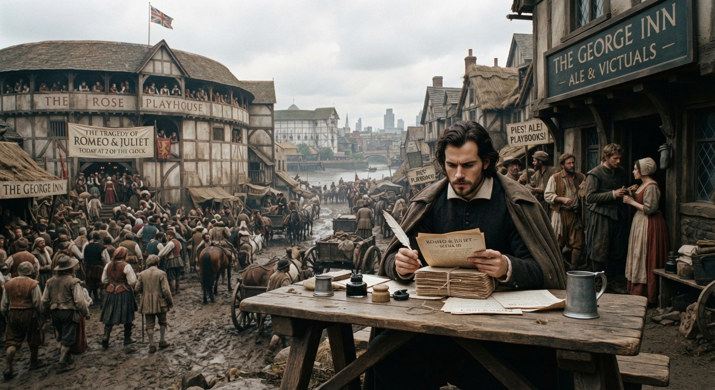 Young playwright William Shakespeare reviewing scripts outside The Rose Theatre in 1590s London.