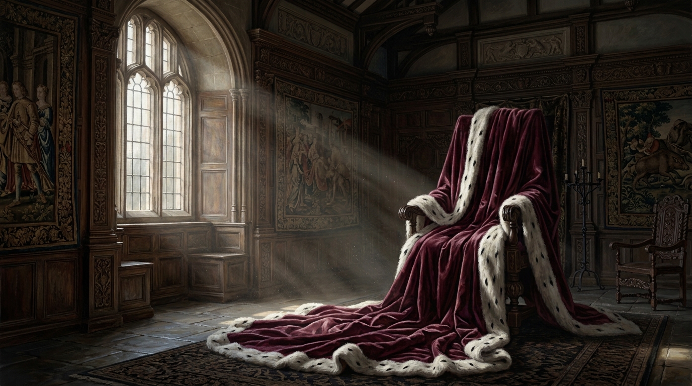 Oversized royal king's robes draped heavily over a small wooden throne, symbolizing unearned power.