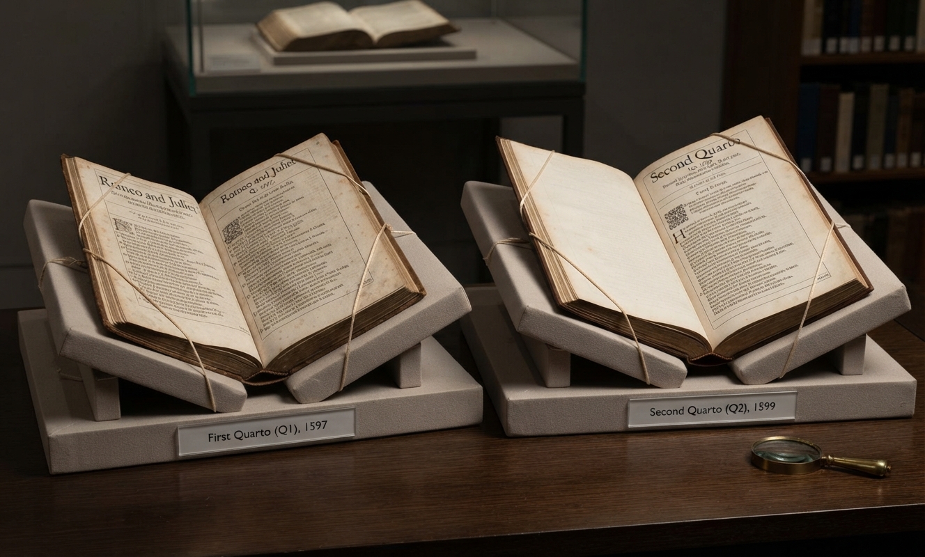 Side-by-side view of open First and Second Quartos of Shakespeare's Romeo and Juliet on an archival display.