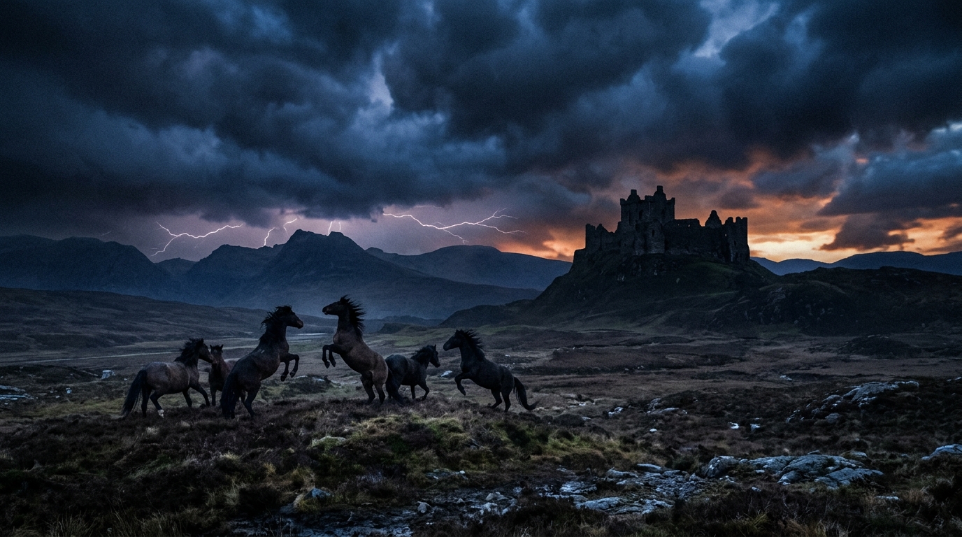 Panoramic view of a storm over a Scottish castle with panicked horses, symbolizing regicide omens.