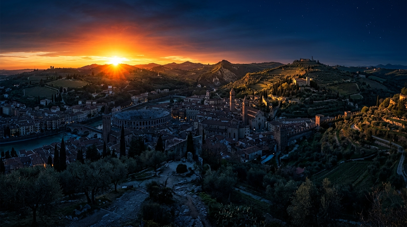 A panoramic view of Verona at dawn, visualizing how the natural forces of unyielding time, light, and disease catalyzed the tragedy of Romeo and Juliet.
