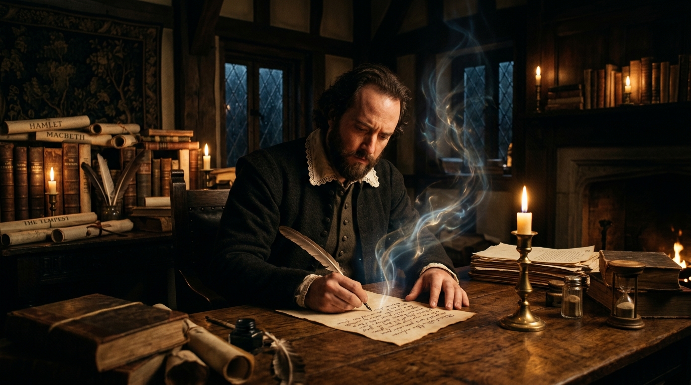 William Shakespeare writing supernatural poetry by candlelight in an Elizabethan study