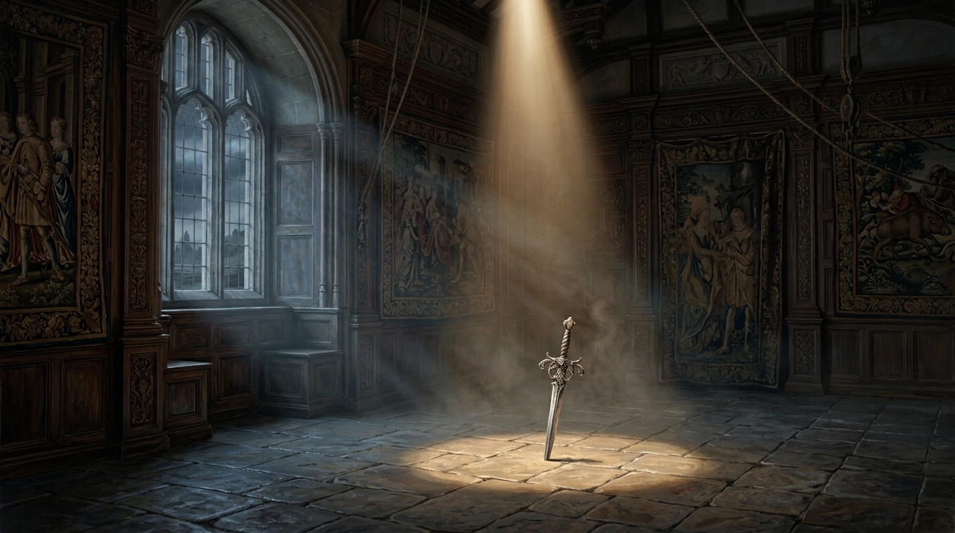 Empty vintage theater stage illuminated by a single spotlight focused on a glowing prop dagger.