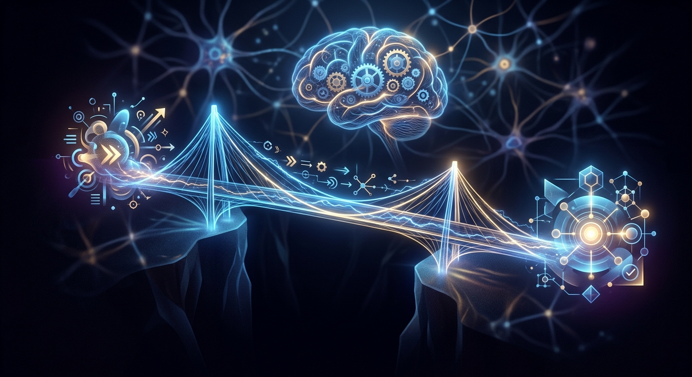 A modern, conceptual illustration showing a digital logic pathway across a bridge, representing the connection between an action and its completed logical state.