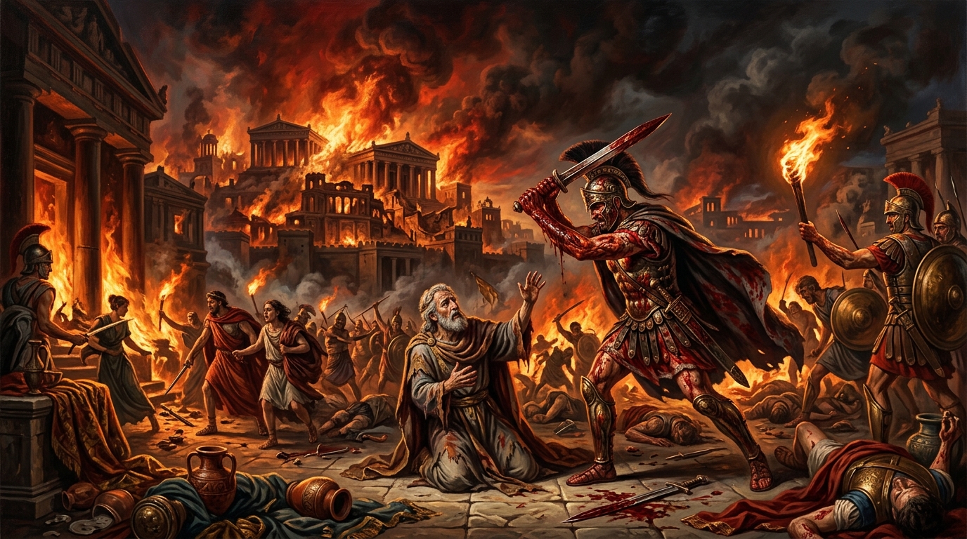A dramatic historical painting of the Greek warrior Pyrrhus during the fiery fall of Troy, symbolizing the destructive revenge motif in Hamlet.