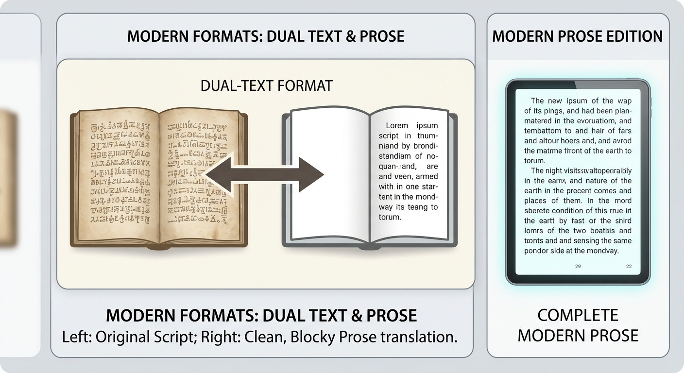 Conceptual illustration contrasting three approaches to reading Shakespeare: original text with notes, side-by-side translation, and fully modernized text.
