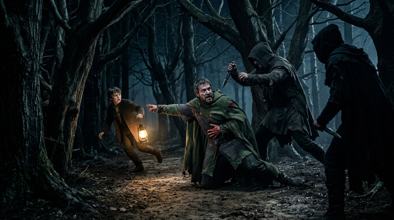 A dramatic nighttime depiction of the ambush where Banquo is killed, but Fleance escapes into the forest.