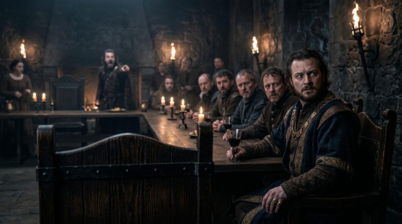 A tense photograph of the noble Ross and other Thanes observing Macbeth's mental breakdown and hallucinations during the ghost banquet, illustrating the paranoia of living under tyranny.