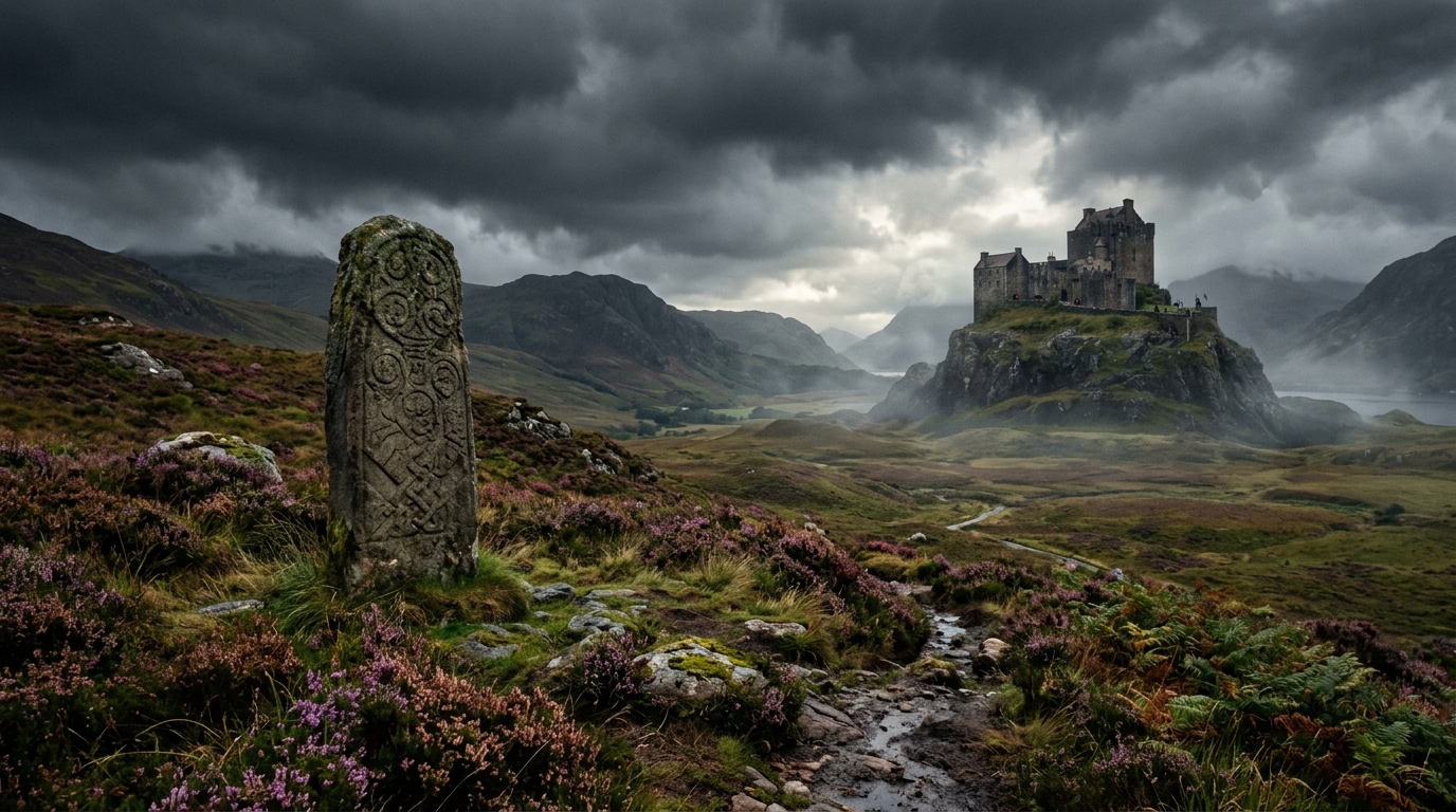 Antique Gaelic stone monument in a moody Scottish landscape representing the historical origins of King Macbeth.