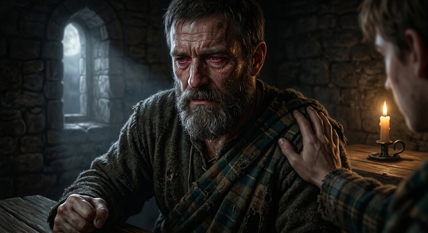 A profound cinematic photograph of Macduff receiving the news of his family's murder, showing his moment of deep grief.