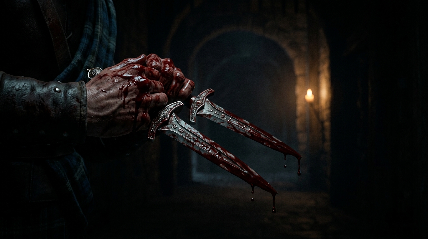 Close-up of bloody hands holding daggers after the murder of King Duncan in Macbeth Act 2.
