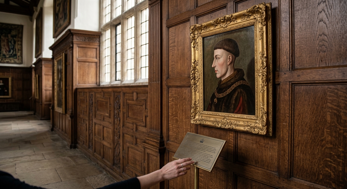 An oil painting displaying the strict left-side profile of King Henry V hanging in a Tudor gallery.
