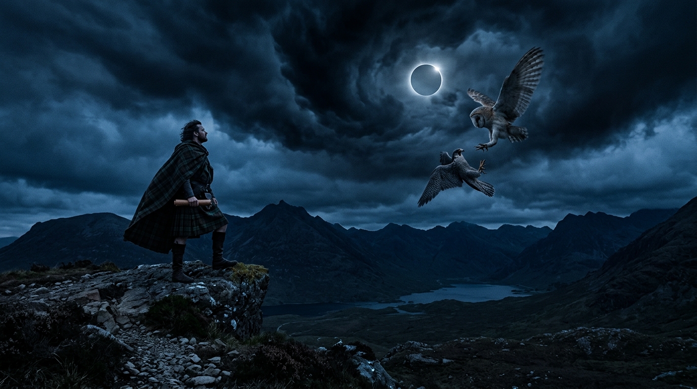 A cinematic visualization of Ross watching unnatural omens in the Scottish Highlands at midday under an eclipsed sun, representing cosmic disorder in Shakespeare's Macbeth.