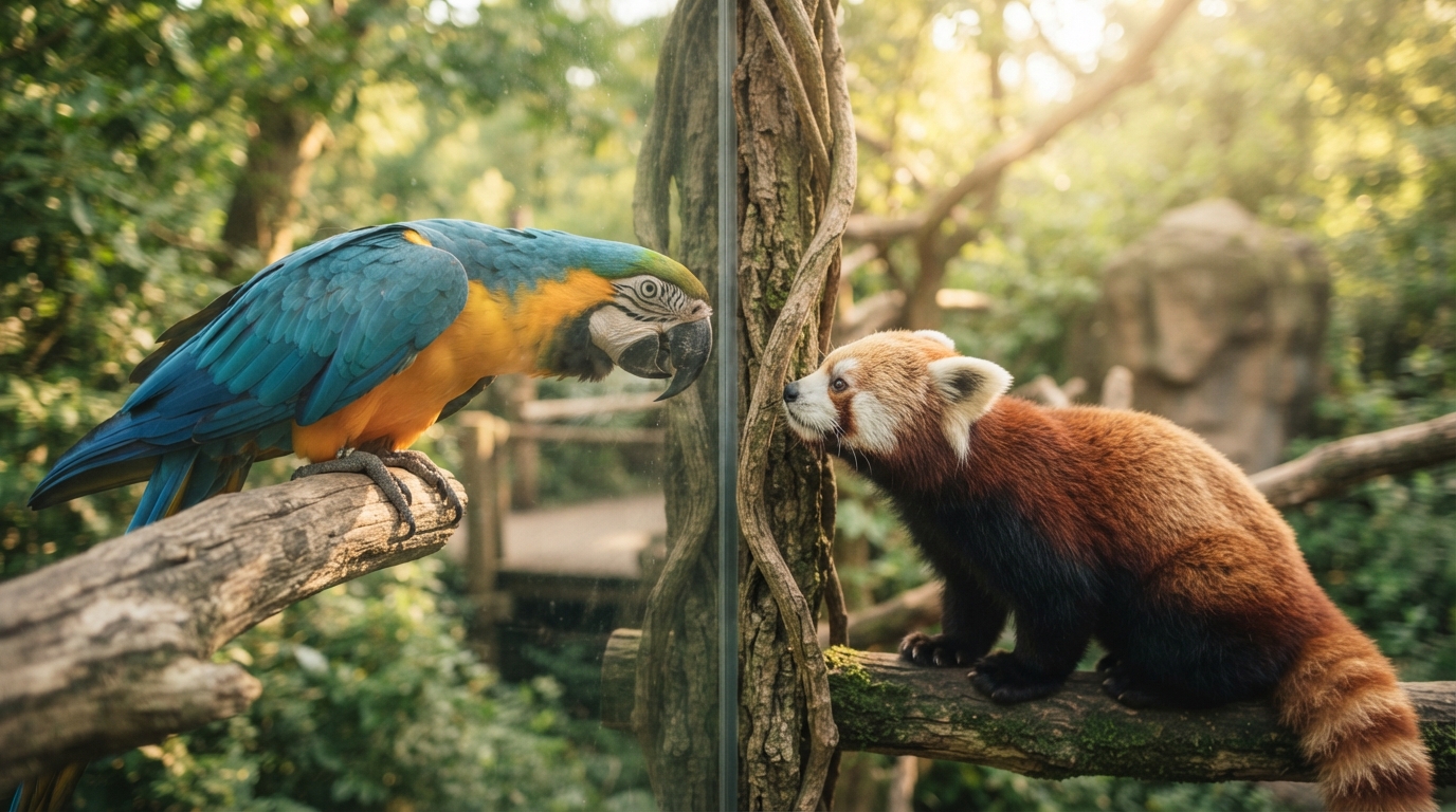 A close-up of a blue-and-gold macaw and a red panda meeting at a glass partition in a zoo enclosure, representing Romeo and Zooliet.