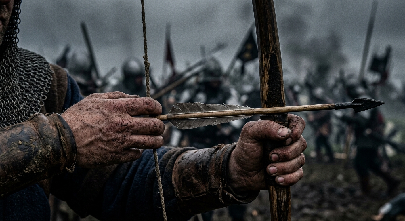 Close-up of a medieval longbow archer and a bodkin arrow before the Battle of Shrewsbury.