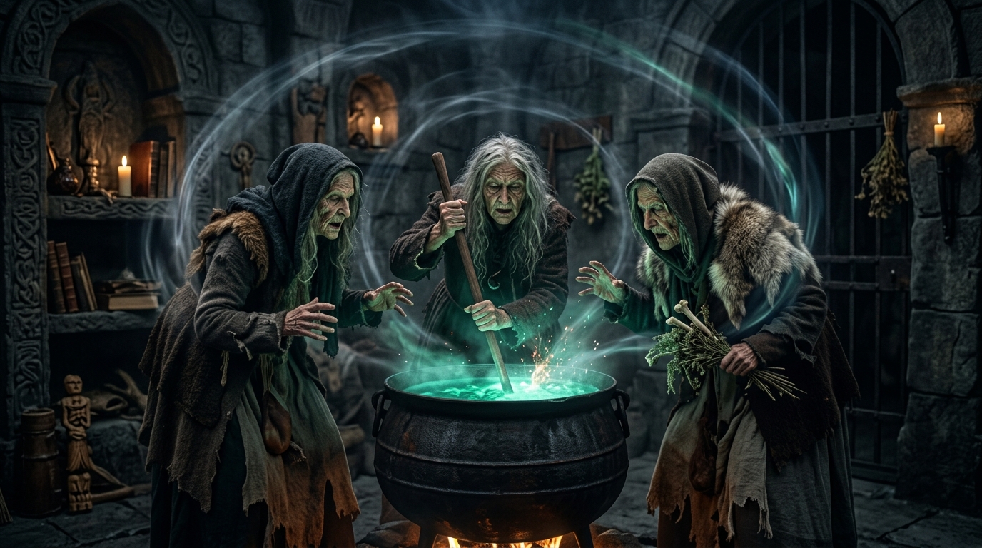 Witches chanting a rhythmic incantation beside a magical cauldron