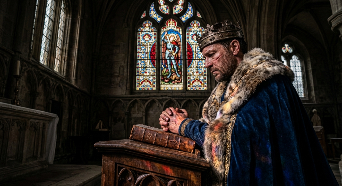 King Henry V, with his visible facial scar, kneeling in prayer within a dimly lit gothic chapel.