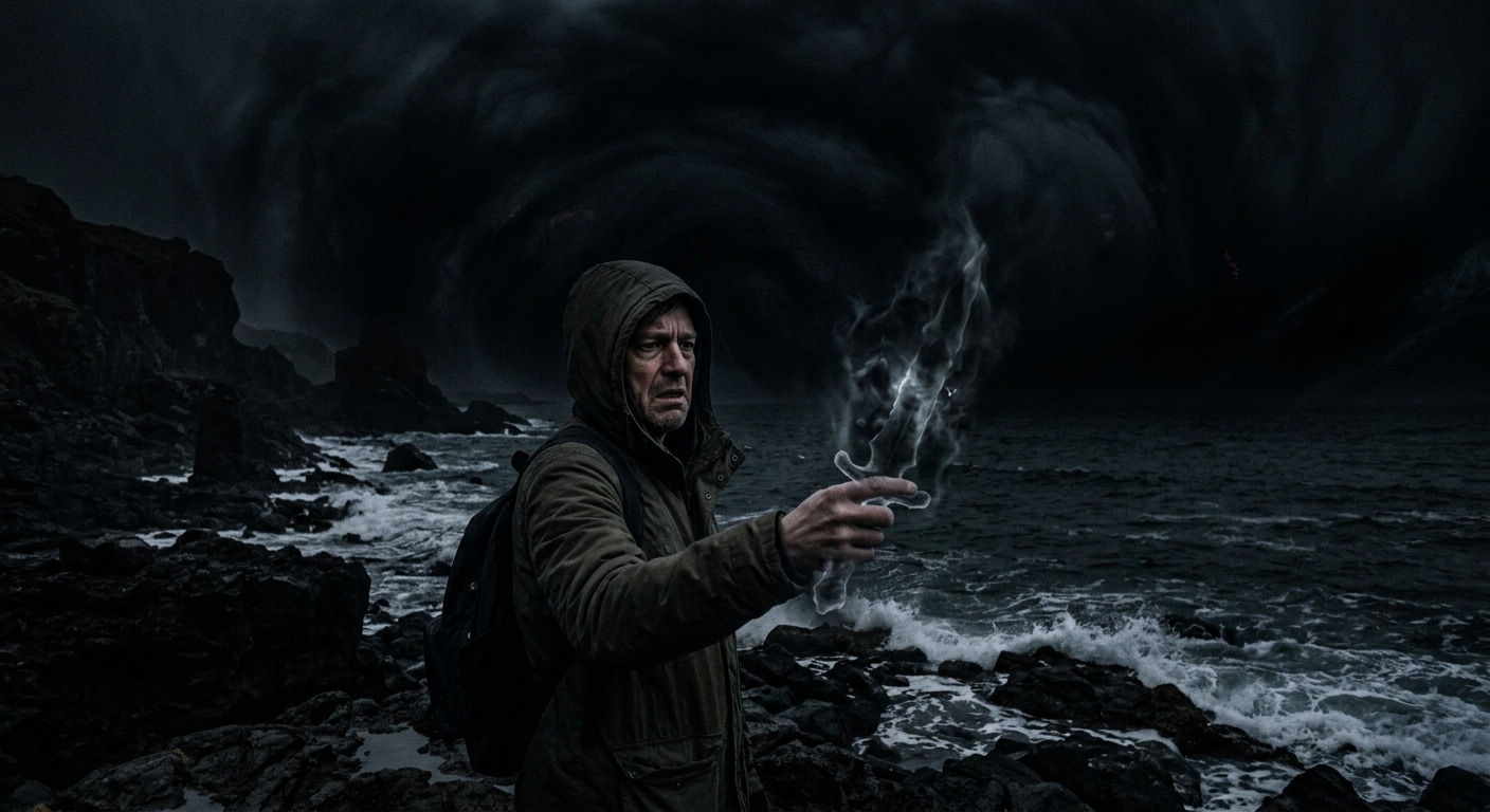 Macbeth looking at an intangible, ghostly dagger with an expression of intense psychological conflict.