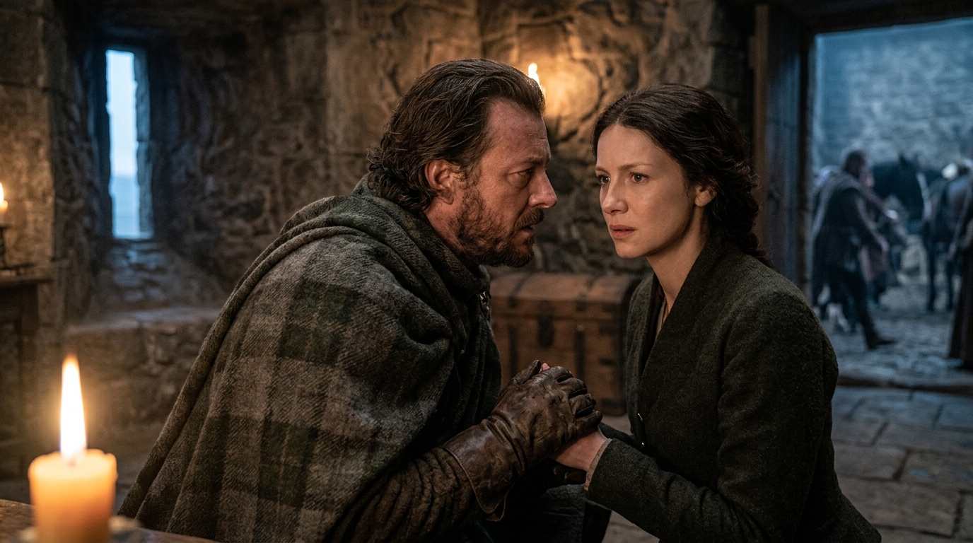 A close-up photograph of the noble Ross delivering a cryptic, somber warning to Lady Macduff inside her fortified castle in Fife before her murder.