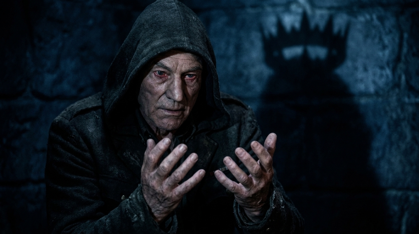 A dramatic portrait close-up of Macbeth showing paranoid dread and guilt, illustrating his psychological decline.