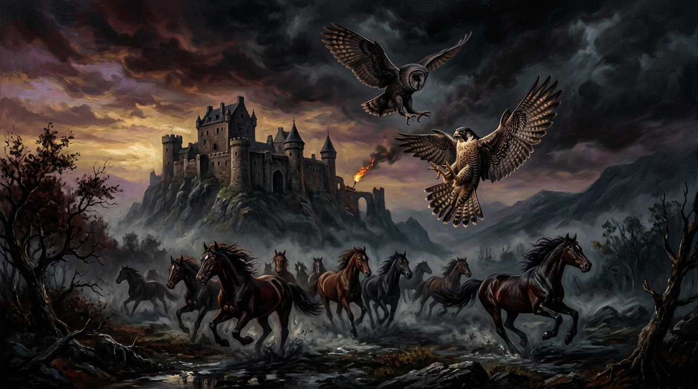 Illustration of an owl attacking a falcon under a dark daytime sky, symbolizing nature's disruption in Macbeth.