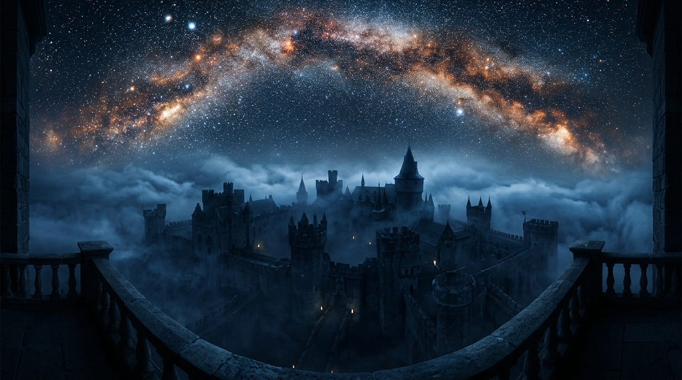 A majestic night sky filled with burning stars, representing cosmic truth, viewed from a dark, shadowed medieval castle balcony.