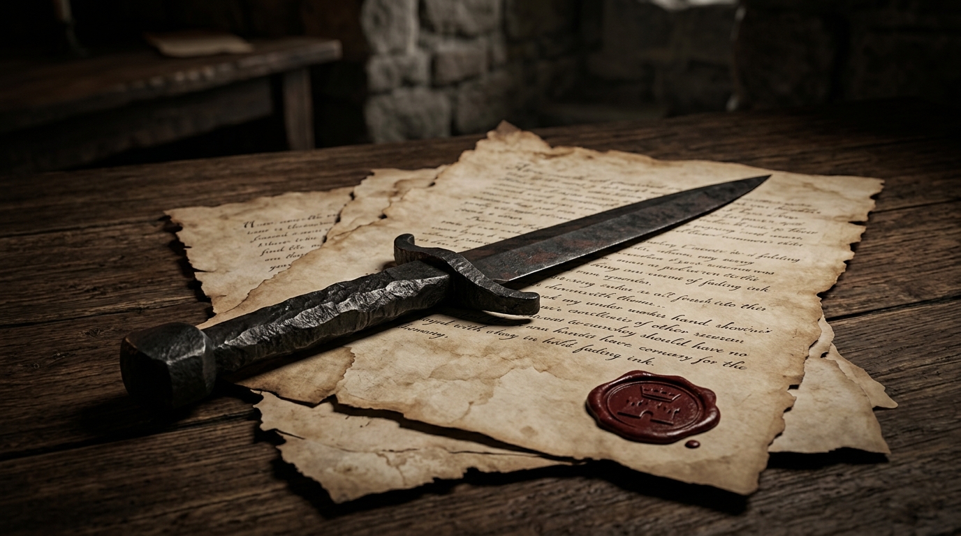 An atmospheric, low-light photograph of an antique metal dagger resting on ancient, textured parchment, symbolizing key themes of Shakespeare's Macbeth.