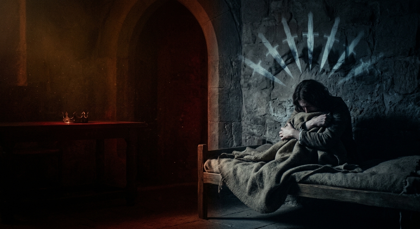 An evocative image split between warm castle shadows symbolizing ambitious influence and cold, dark moonlight symbolizing tormented sleep, illustrating themes in Macbeth.