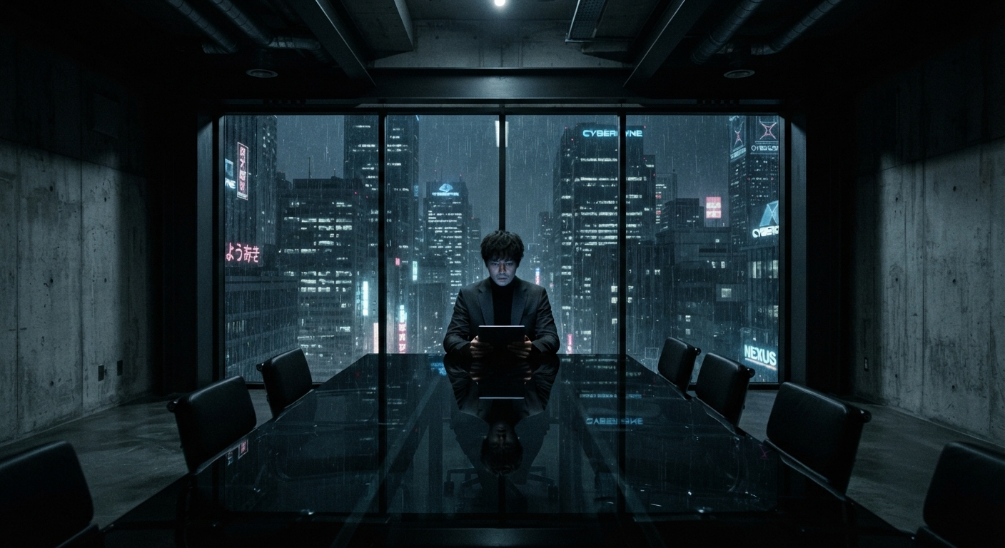 A solitary modern figure in a dark, brutalist corporate boardroom at night, representing Kaurismäki's industrial noir adaptation.