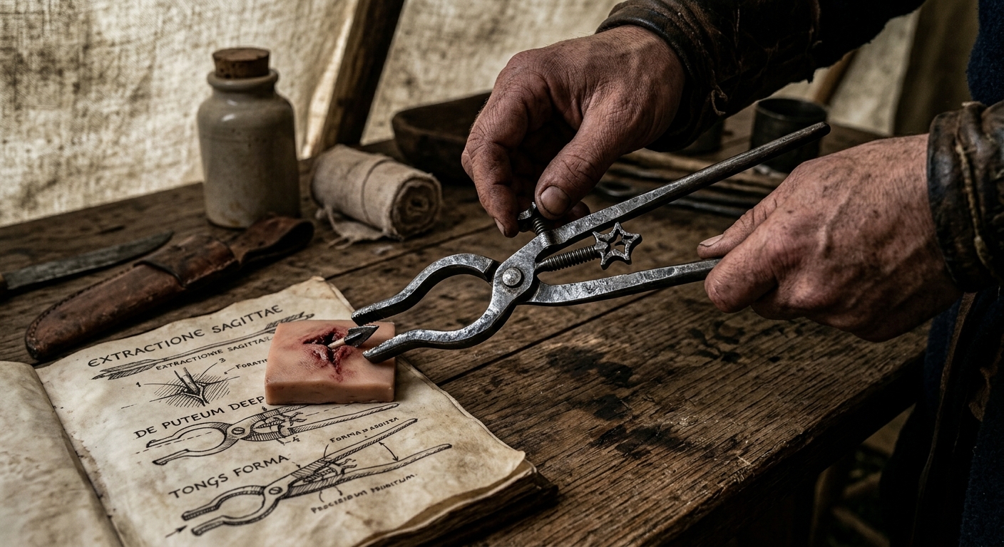 Close-up of John Bradmore’s specialized surgical tongs and vellum diagrams illustrating a bodkin arrow extraction.