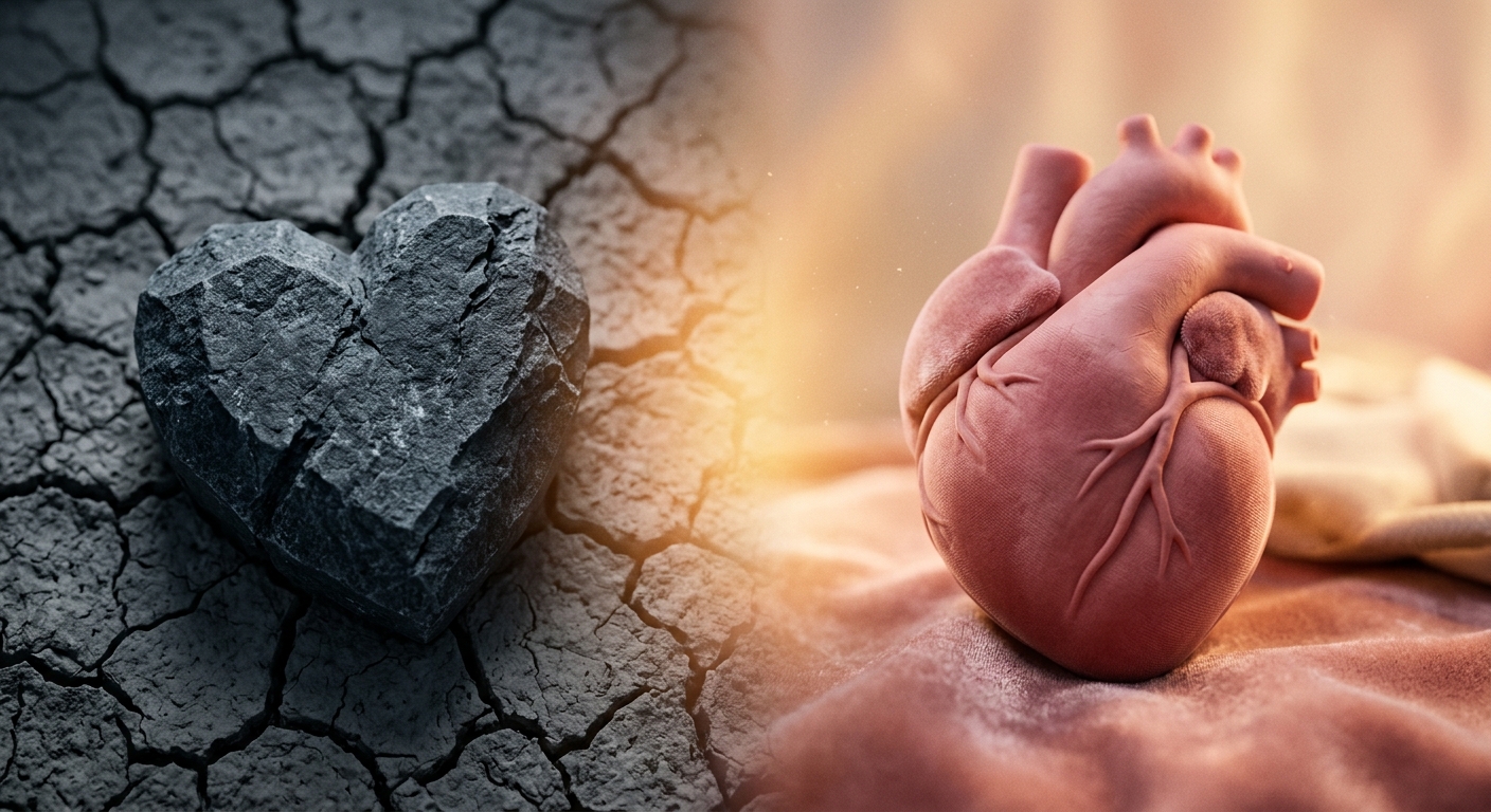 Conceptual illustration contrasting a hard heart of stone with a soft, empathetic heart of flesh, referencing Ezekiel