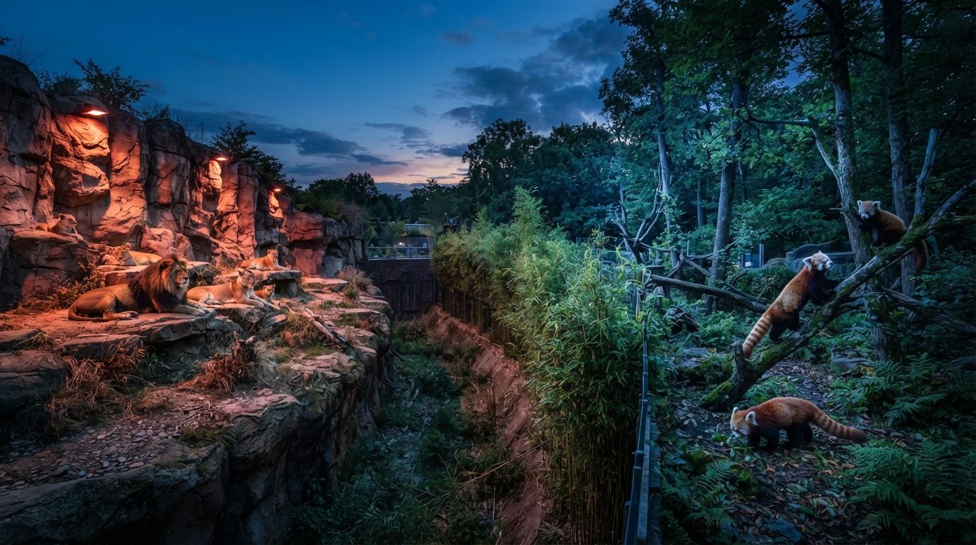 A divided zoo habitat showing lion territory and red panda territory separated by a moat, illustrating the animal feud in Romeo and Zooliet.