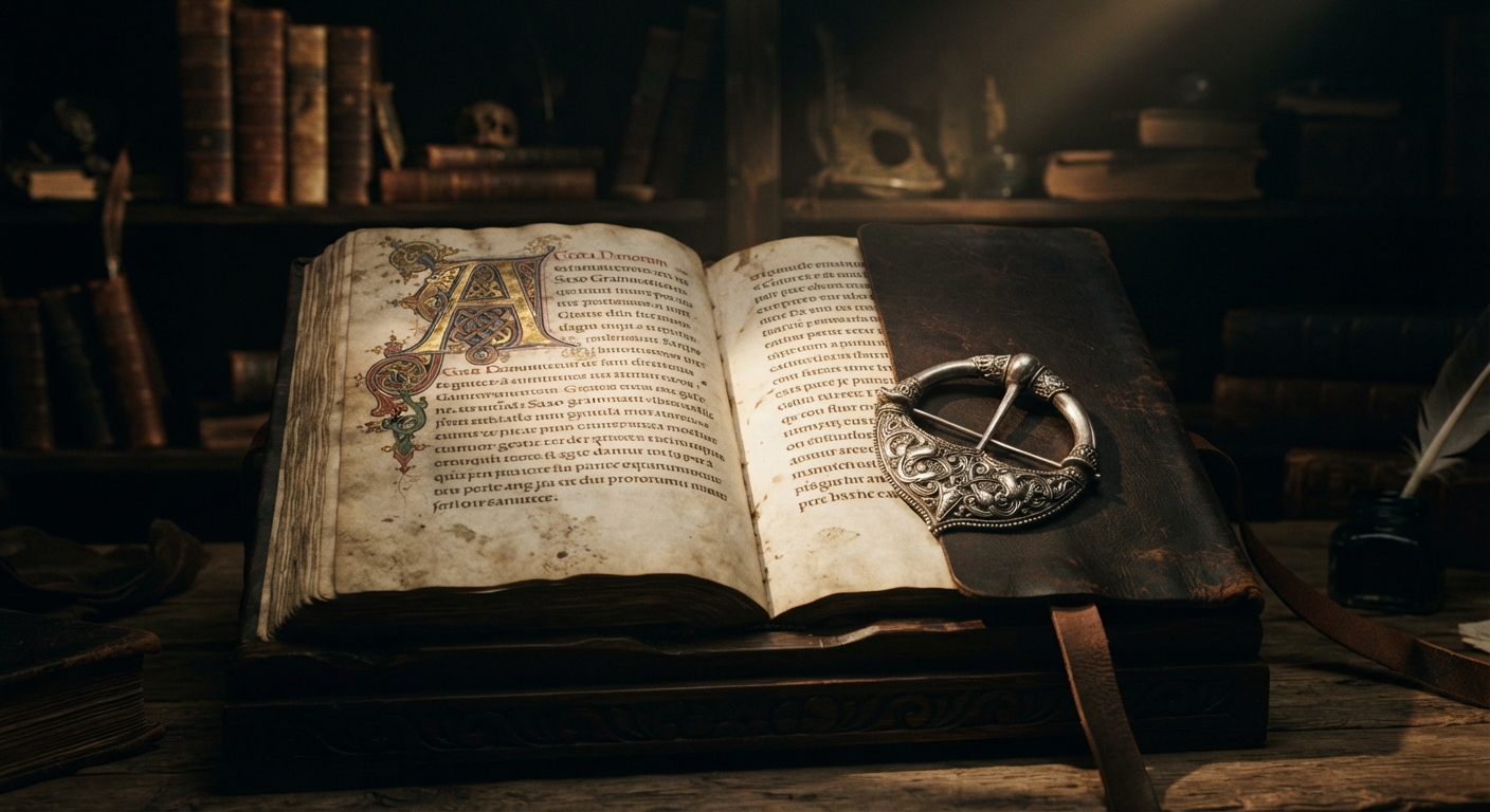 An open medieval vellum manuscript with Latin script and a Viking-era brooch, representing the ancient Amleth legend.