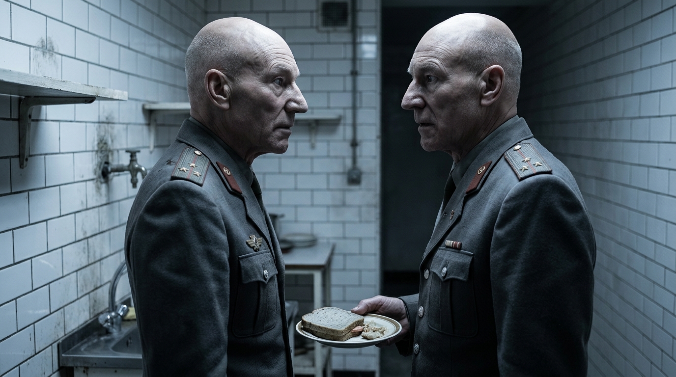 A close-up shot of actor Patrick Stewart in a grey military uniform, depicting the psychologically unraveling character of Macbeth in the 2010 film.