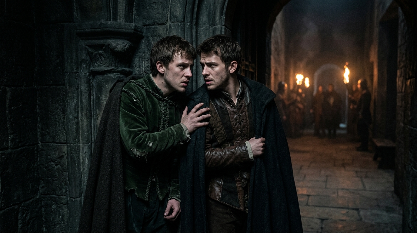 Cinematic still of Malcolm and Donalbain whispering urgently in a shadowed castle hallway before their flight.