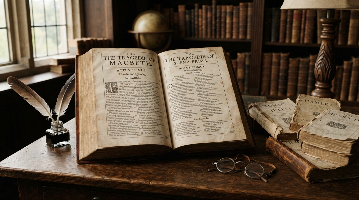 An open 1623 First Folio resting on a desk next to unauthorized quartos, illustrating Shakespeare's publication history.