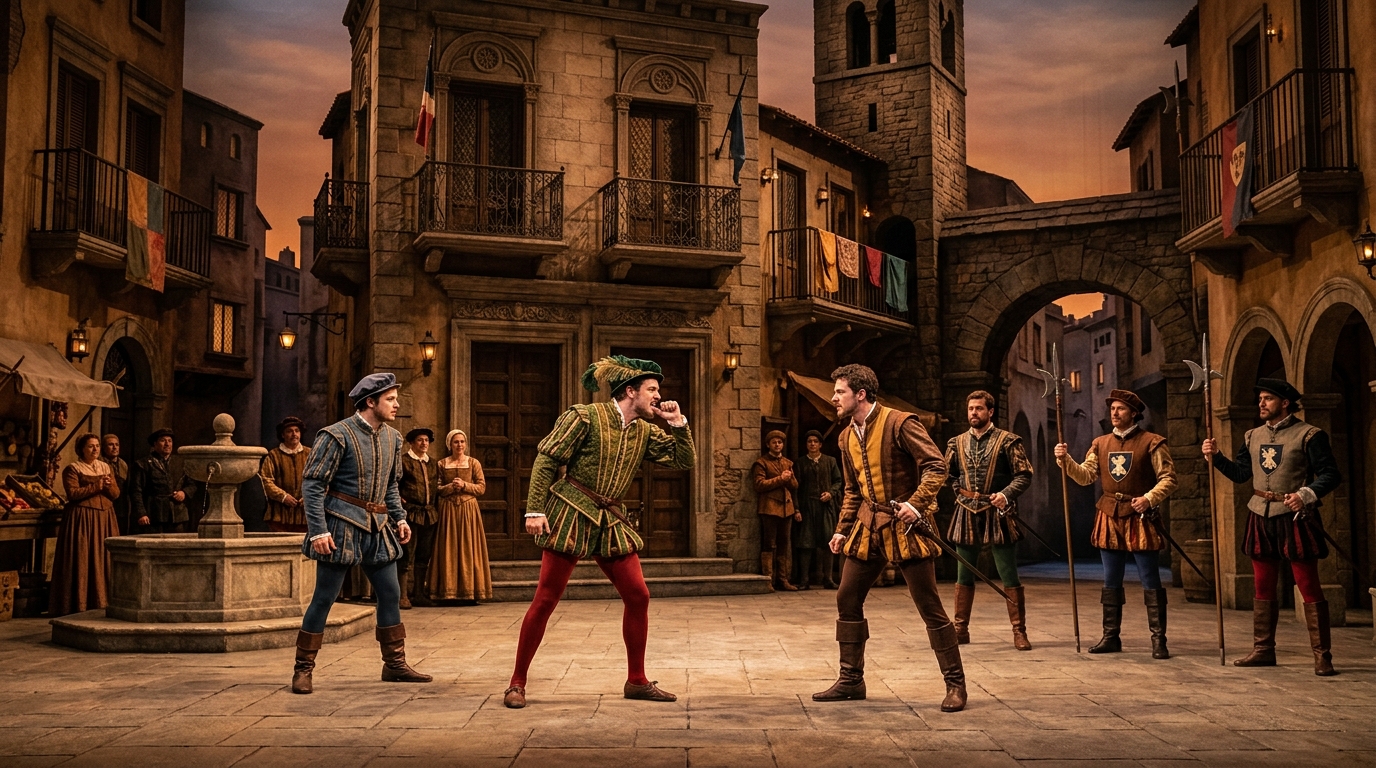 An Elizabethan stage scene depicting two Renaissance brawling servants biting their thumbs in a Verona town square.