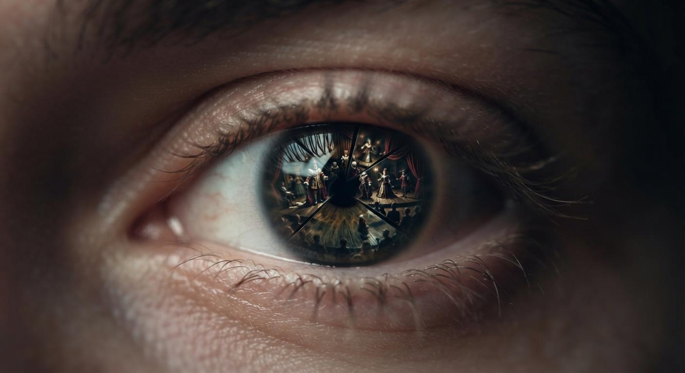 A close-up of a human eye reflecting a fragmented scene of a play, symbolizing psychoanalytic and critical interpretation of texts.