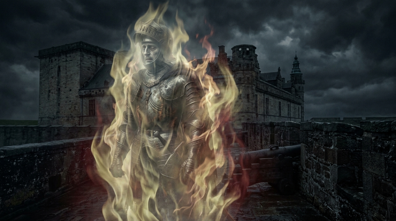 A dramatic depiction of the Ghost of King Hamlet in armor surrounded by purgatorial fire on the Elsinore battlements.