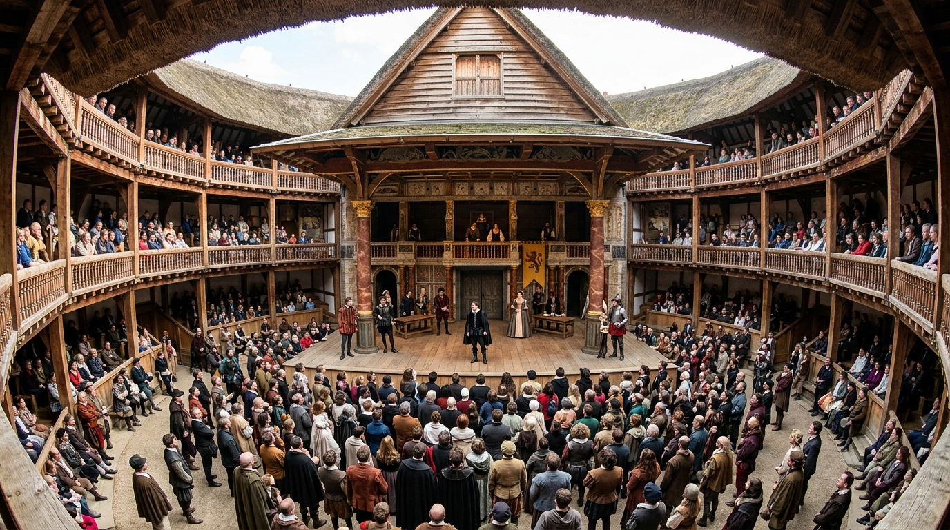 Vintage interior of the historic Globe Theatre in Elizabethan London during a Shakespearean performance.