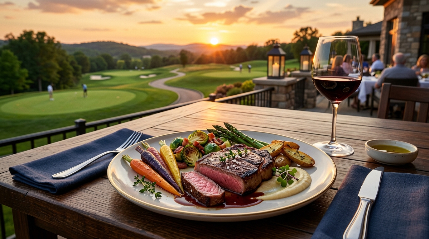 Gourmet dinner dish served on an outdoor patio overlooking the golf course at sunset