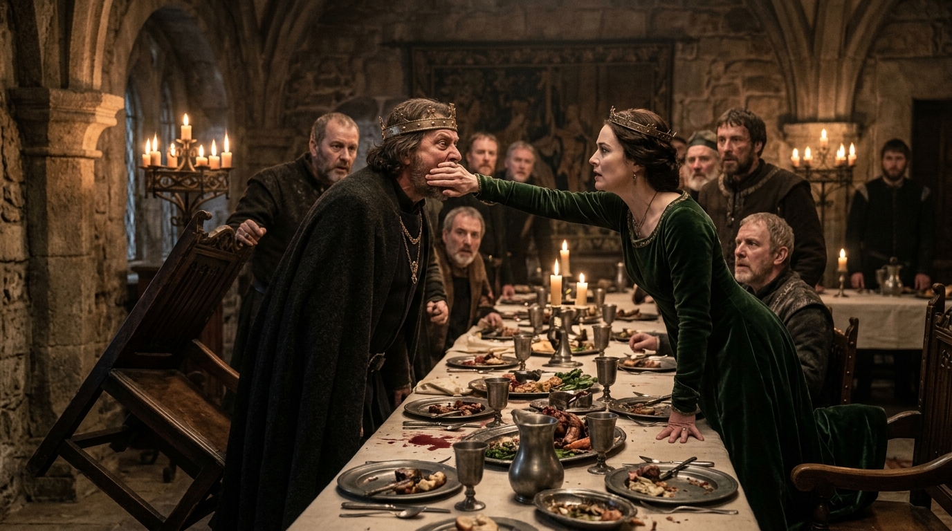 Lady Macbeth physically trying to silence Macbeth’s outburst during the banquet scene, showing her loss of control over her husband.