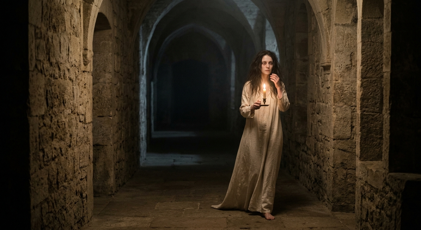 A dark, cinematic photograph of a lone woman in a white nightgown sleepwalking down a stone castle corridor by candlelight, symbolizing guilt and the disruption of peaceful sleep in Shakespearean tragedy.