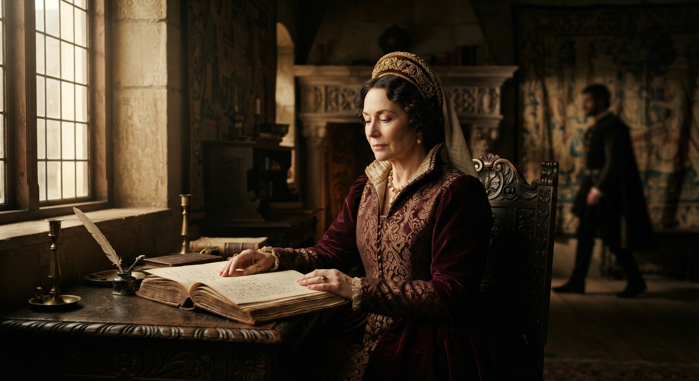 A cinematic portrait of Queen Gertrude sitting thoughtfully at a desk, reflecting the narrative of Updike's prequel novel.