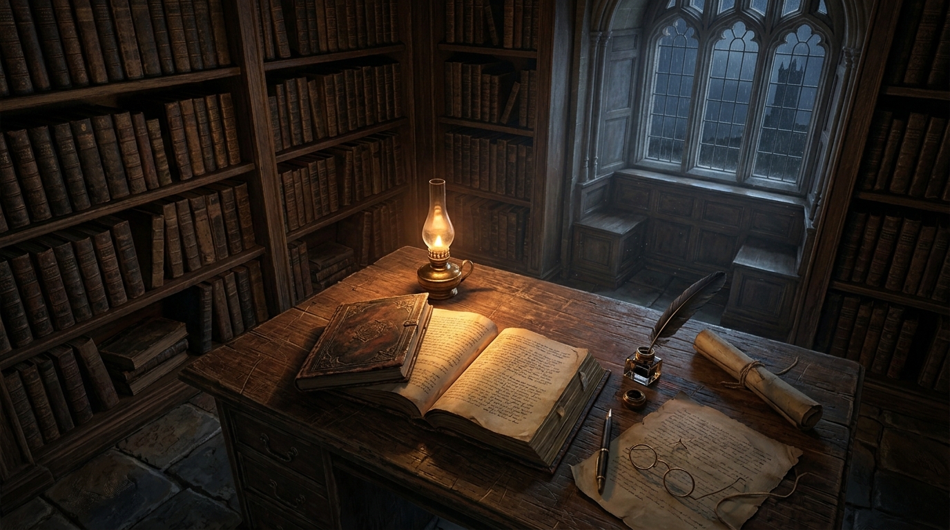 Vintage Shakespearean quill, leather-bound book, and candle on an antique wooden study desk.