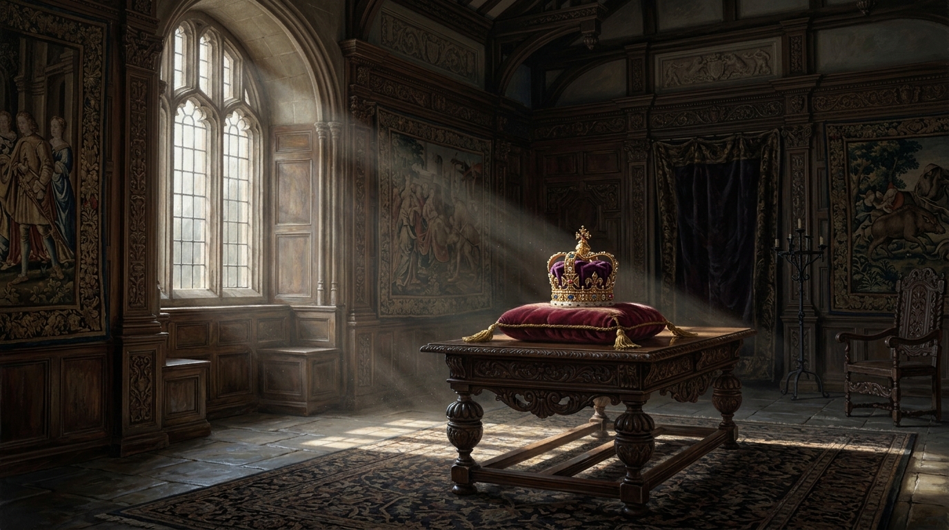 A 17th-century Jacobean royal court room with a glowing crown on a velvet cushion.